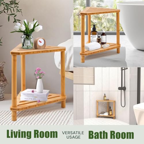 Corner Shower Stool for Inside Shower 2-Tier,Bamboo Shower Bench | Shower Caddy For Foot Rest with Storage,Bathroom Stool For Shaving Leg,Space Saving,Waterproof,Durable, Easy To Assemble - style: GU-QZST