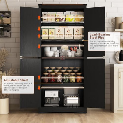 Hlivelood 71" Tall Kitchen Pantry,Farmhouse Storage Cabinet with Adjustable Shelves,Load-Bearing Steel Pipe,Farmhouse Pantry Cabinet with 4 Barn Doors,for Kitchen,Dining Room,Living Room(Black) - color: Black