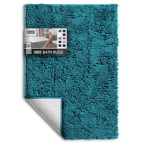 Hearth & Harbor Bathroom Rugs, Chenille Bath Mat - Machine Washable Bath Mats for Bathroom Non-Slip Backing Rubber, Quick Dry Bathroom Mat - Teal 24x36 - color: Teal, style: 24 x 36