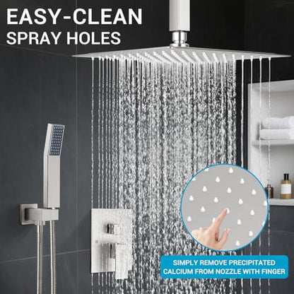 10" Square Ceiling Rain Shower Faucet Set, Brushed Nickel | Anti-scald cartridge, air tech boosts pressure 30%, dual spray, NPT 1/2 - color: Brush Nickel, style: 10''-Ceiling Mount