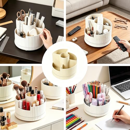360° Rotating Makeup Brush Holder, 5-Compartment Spinning Cosmetics Organizer Cup for Vanity, Creamy White Desktop Storage for Skincare & Bathroom Accessories