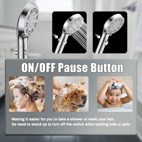High Pressure Shower Head with ON/Off Pause Switch Button, 5 Mode Handheld Shower Head with Hose and Adjustable Bracket, Chrome, Easy to Wash Hair, Kid Bath, Pet Bath