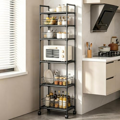 GOESWELL Storage Cart 6 Tier Slim Rolling Utility with Wheels for Bathroom | Storage Cart For Bathroom 6 Tier Slim Rolling Utility With 2 Lockable Casters Narrow Metal Shelving Unit