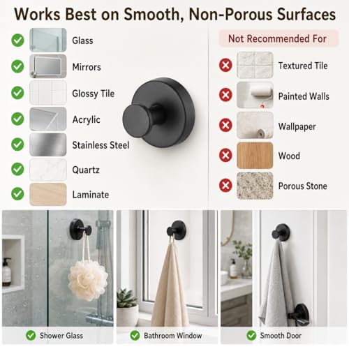 Suction Cup Hooks Removable Shower Hooks, 4Pcs Metal Towel Hooks for Bathroom Window Glass Wall Door Can Hang Various Towels Bath Towels Keychains, Black Front Door Wreath Hangers, No-Drill Waterproof - color: Black