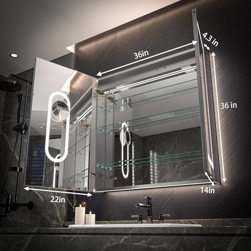 Luxury 36" Wall-Mounted LED Bathroom Medicine Cabinet, Outlets, Anti-Fog | Surface-Mount/Recessed, Double-Sided Mirror Cabinet, 3 Color Temp, DTC Silent-Close Hinges, Adjustable Tempered Glass Shelfs - size: 36"W x 36"H