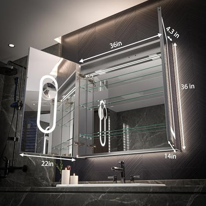 Luxury 36" Wall-Mounted LED Bathroom Medicine Cabinet, Outlets, Anti-Fog | Surface-Mount/Recessed, Double-Sided Mirror Cabinet, 3 Color Temp, DTC Silent-Close Hinges, Adjustable Tempered Glass Shelfs - size: 36"W x 36"H