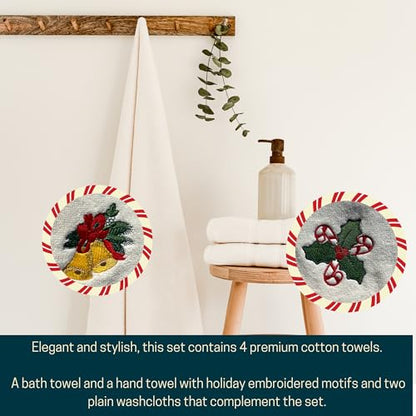 Luzia Christmas Towel Set | Ivory Color | Includes 1 Bath and 1 Hand Towel with Embroidered Designs and 2 Plain Washcloths | Presented in A Beautiful Craft Box - color: Christmas