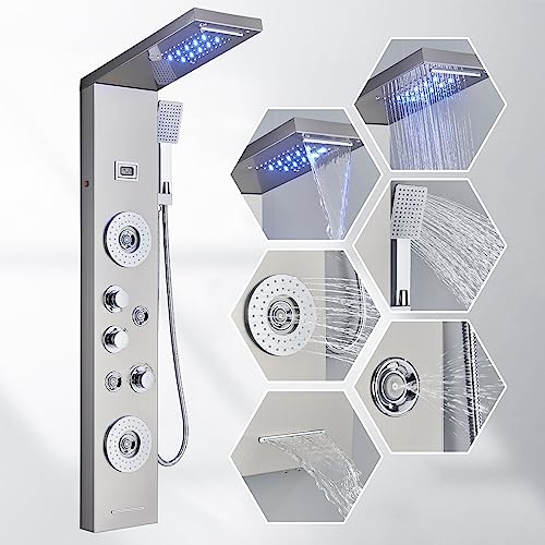 AlenArt Shower Panel LED Shower Tower System with Rainfall Waterfall Shower Head, 4 Body Massage Jets,Hand Shower Sprayer and Tub Spout Stainless Steel, Brushed Nickel - color: Brushed Nickel