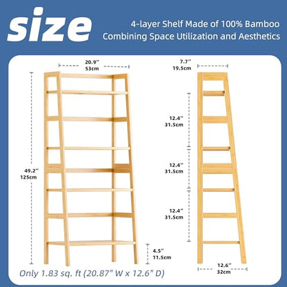 HITNET Ladder Shelf, 4-Tier Bookshelf, Bamboo Leaning Bookcase, Display Storage Rack Organizer, Freestanding Flower Plant Stand for Living Room, Home Office, Kitchen, Natural - color: Natural