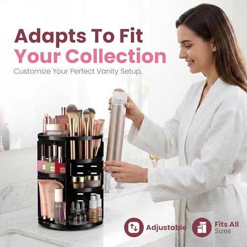 Masirs 360 Rotating Makeup Organizer Countertop, Adjustable Shelf, Black | 360-Degree Rotating Makeup Organizer, Adjustable Shelf Height, Cosmetic Perfume Skincare Storage, Vanity Countertop, Black - color: Black
