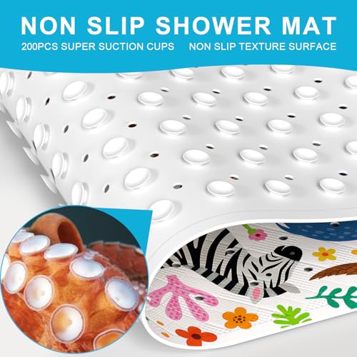 Baby Bath Mat for Tub Non Slip Kids, BPA Free Extra Long Bathtub Mat 40x16 with Drain Holes and 200 Suction Cups, Non Toxic Machine Washable Toddler Bath Mat, Eco-Friendly Certified - color: O-blue Hippopotamus