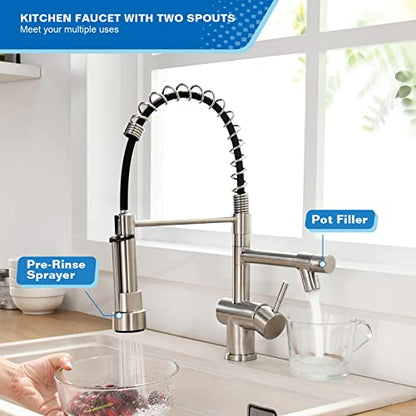 VFAUOSIT Commercial Kitchen Faucet with Pull Down Sprayer, Brushed Nickel | Dual Outlets, Tilted Pot Filler, 360° Rotation, cUPC/CEC Certified, Fingerprint-Resistant Finish, 500,000-Cycle Valve - color: Brushed Nickel-02