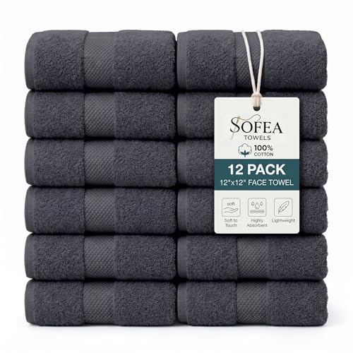 Sofea 100% Cotton Washcloths Set of 12, (12 x 12 Inch) 520 GSM Wash Cloths, Extra Soft Absorbent Quick Dry Face Towels - color: Dark Grey