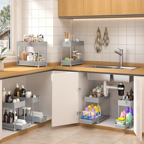 3 Pack Under Sink Organizers, 2-Tier Multi-Use Kitchen and Bathroom Organizers and Storage with Sliding Drawers, Bathroom Cabinet Organizer (Gray, 14.8 Inch) | Multi-use kitchen & bathroom storage, 14.8 inch gray cabinet organizer, space-saving sliding dr