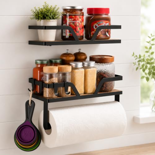Paper Towel Holder with Shelf - Kitchen Spice Rack Organizer Wood | Adhesive or Screw Mounted, 4 Hooks for Utensils, Sturdy Wood Shelf, Black, Space-Saving, for Bathroom RV Garage Farmhouse - color: Black