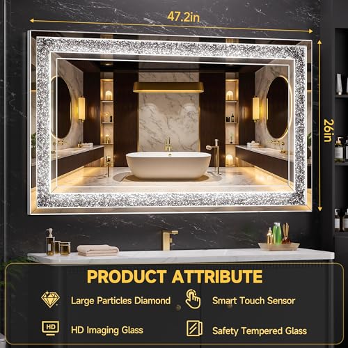 WINNICE 47" x 26" LED Diamond Wall Mirror, Dim & Anti-Fog | Crystal glass, dimmable & anti-fog, mounts vertical/horizontal, ideal for bathroom, bedroom, living room - size: 47"L x 26"W