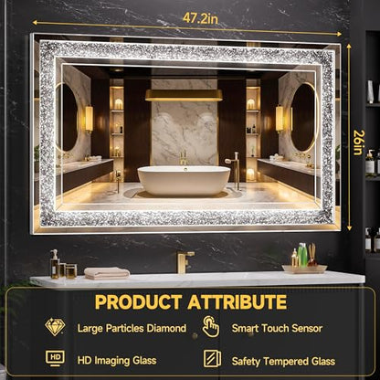WINNICE 47" x 26" LED Diamond Wall Mirror, Dim & Anti-Fog | Crystal glass, dimmable & anti-fog, mounts vertical/horizontal, ideal for bathroom, bedroom, living room - size: 47"L x 26"W