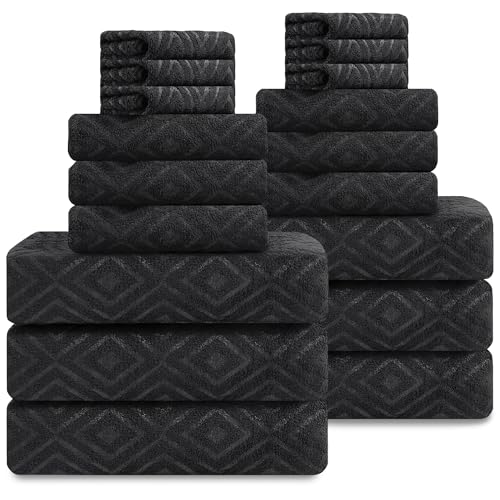 Smuge 18-Piece Bath Towel Set, Include 6 Bath Towel Sheets, 6 Hand Towels and 6 Washcloths - Highly Absorbent Quick Dry 100% Microfiber,Ultra Soft Bathroom Towel Set (Black) - color: Black, size: 18 Pcs Bath Towel Set