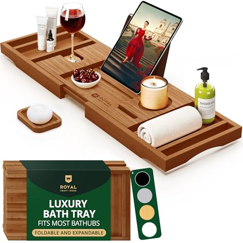 ROYAL CRAFT WOOD Premium Foldable Bathtub Tray Caddy - Wood Bath Tray for Tub, Bamboo Shelf, Expandable Bath Table Trays, Bathtub & Bathroom Accessories for New Home & Mothers, Birthday Gifts for Mom - color: Brown