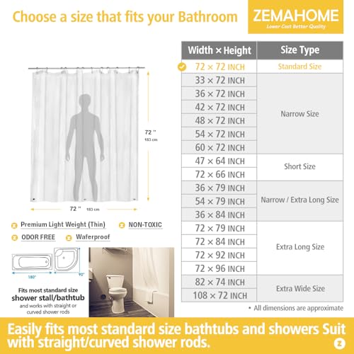 ZEMAHOME Clear PEVA Plastic Shower Curtain Liner Premium Light Weight 72" x 72" Transparent Bathroom Shower Showroom Curtain Liner with Rustproof Metal Gromments and Weighted Magnet - color: A01-clear, size: 72"W x 72"L (Pack of 1)
