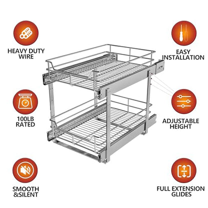 2-Tier Pull Out Cabinet Organizer, 23" W x 22" D, Chrome | Heavy-Gauge Wire Slide Out Shelves, 100 lbs Capacity, Ball-Bearing Glides, Min 24" Opening, For Heavy Appliances - size: 23 x 22 Inch