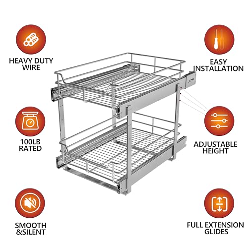 2-Tier Pull Out Cabinet Organizer, 26" W x 22" D, Chrome | Heavy-Gauge Wire Slide Out Shelves, 100 lbs Capacity, Ball-Bearing Glides, Min 27" Opening, Under Stove Storage - size: 26 x 22 Inch