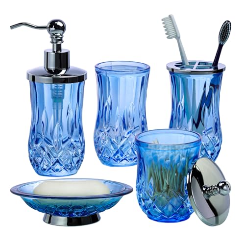 Blue Bathroom Accessories, Round Thick Glass & Metal Pump | Beautiful & weight, 5 pcs soap dispenser, toothbrush holder, soap dish, tumbler & jar, for mission/amish style - style: Round(Blue)