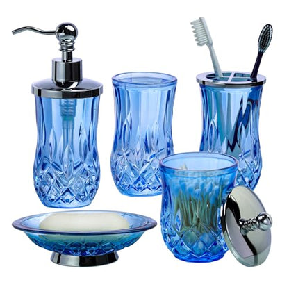 Blue Bathroom Accessories, Round Thick Glass & Metal Pump | Beautiful & weight, 5 pcs soap dispenser, toothbrush holder, soap dish, tumbler & jar, for mission/amish style - style: Round(Blue)