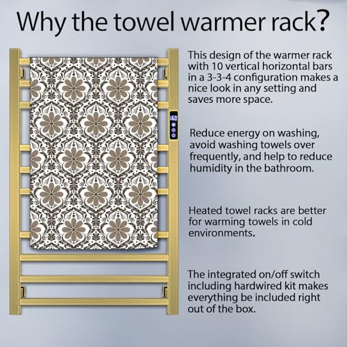 XBVV Towel Warmer Rack for Bathroom with Timer/Fahrenheit Temperature Control Wall Mounted Electric Heated 10 Bar Rail Plug-in or Hardwired Keep Bath Shower Towel Warming (Brushed Gold) - color: Brushed Gold