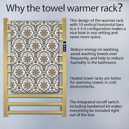 XBVV Towel Warmer Rack for Bathroom with Timer/Fahrenheit Temperature Control Wall Mounted Electric Heated 10 Bar Rail Plug-in or Hardwired Keep Bath Shower Towel Warming (Brushed Gold) - color: Brushed Gold