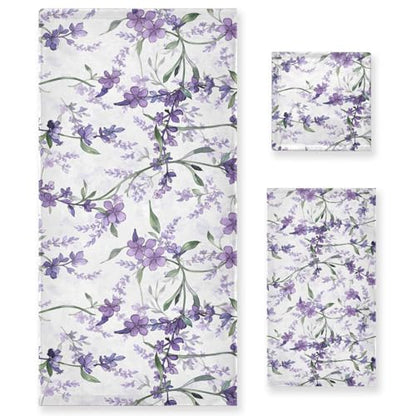 ALAZA Towel Bathroom Sets, Purple Violet Lavender Floral Flowers Towels 3-Piece 1 Bath Towel 1 Washcloth 1 Hand Towel, Bath Towel Set of 3 Soft Multifuntion for Home Kitchen Hotel Gym Swim Spa - color: Multi10