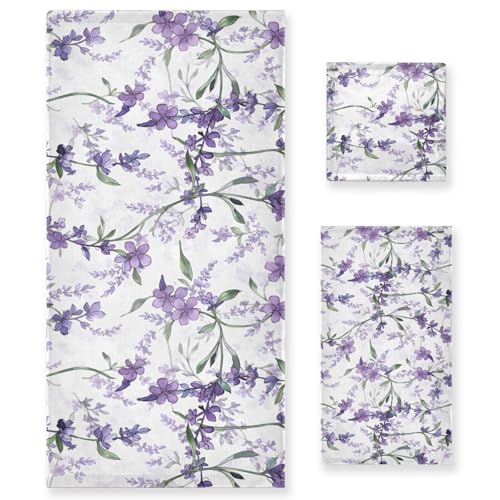 ALAZA Towel Bathroom Sets, Purple Violet Lavender Floral Flowers Towels 3-Piece 1 Bath Towel 1 Washcloth 1 Hand Towel, Bath Towel Set of 3 Soft Multifuntion for Home Kitchen Hotel Gym Swim Spa - color: Multi10
