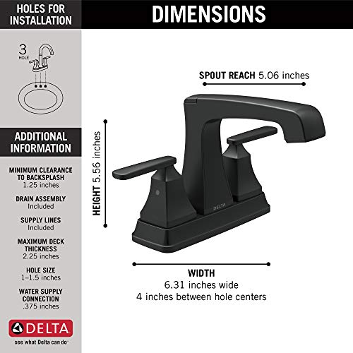 Delta Faucet Ashlyn Centerset Bathroom Faucet, Black Bathroom Sink Faucet, 2 Handle Bathroom Faucet, Diamond Seal Technology, Metal Drain Assembly, Matte Black 2564-BLMPU-DST - color: Matte Black