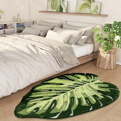 LUMI Cute Bathroom Rug Green Leaf, Absorbent Non Slip Bath Mat, 31.5"x47" | Monstera Plant, Soft Plush Microfiber, Quick Dry, Washable for Shower Floor, Bathroom, Sink Bathtub, Bedroom, Kids Room - color: Ample Monstera-large