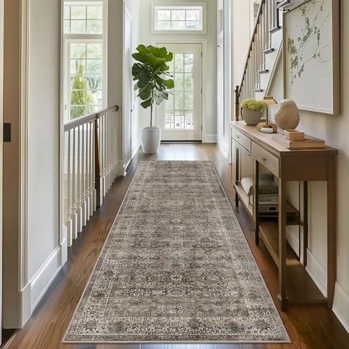 2x5 Runner Rug Brown Grey Vintage Washable Runner Rugs for Hallway Kitchen | Boho Hallway Runner Rug Soft Low Pile Non-Slip Retro Distressed Long Throw Rug for Entryway Bathroom Bedroom - color: Brown Grey, size: 2'*5'(Runner)