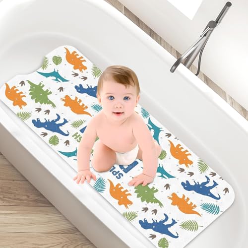 Dinosaur Jungle Animal Bathtub Shower Mat Tropical Whimsical Non-Slip Tub Extra Long Bath Floor 40X16 Inch Machine Washable for Bathroom Tub Bath Mat for Toddler and Baby - color: Cartoon Dinosaur