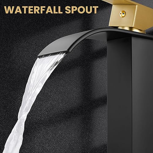 Airuida Vessel Sink Faucet, Black&Gold Tall Waterfall Bathroom Faucet | Single Handle,Tall Bathroom Faucet 1 Hole,Vanity Faucet,without Drain,Bowl Bathroom Faucet - color: Matte Black&Brushed Gold
