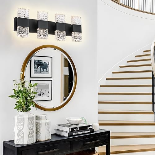 MELUCEE LED Bathroom Vanity Light 32W Crystal Vanity Light Bar 23.6 in | Modern Black Bathroom Light Fixtures Crystal Wall Sconce for Bath Powder Room Entryway, 3000K Warm Lighting - color: Black, size: 4 Lights