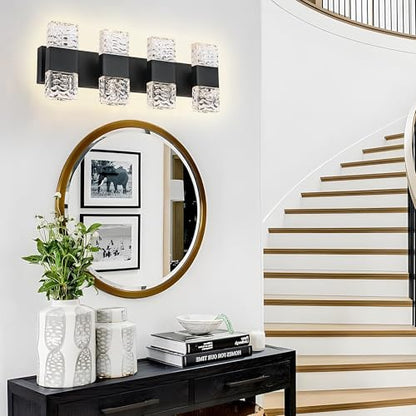 MELUCEE LED Bathroom Vanity Light 32W Crystal Vanity Light Bar 23.6 in | Modern Black Bathroom Light Fixtures Crystal Wall Sconce for Bath Powder Room Entryway, 3000K Warm Lighting - color: Black, size: 4 Lights