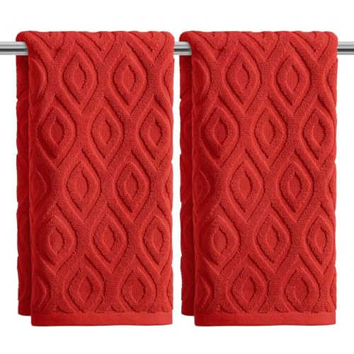 Artoid Mode 2 Pcs Red 3D Diamond Grid Jacquard Hand Towels for Bathroom, 100% Cotton Soft Absorbent Bathroom Decor Towels, 13.7 x 29.5 Inch - color: Red, size: 13.7" x 29.5", 2PCS