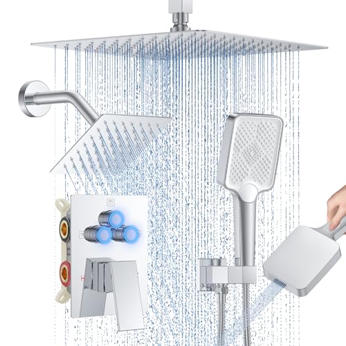 Shower Faucet Set, 12" Ceiling Mount Rainfall Shower System with 2 Rain Shower Head and Multi-function Handheld Head Push Button Diverter Shower Faucet Trim Kit (12", Polished Chrome) - color: Chrome Polished, style: 12"-Ceiling-01