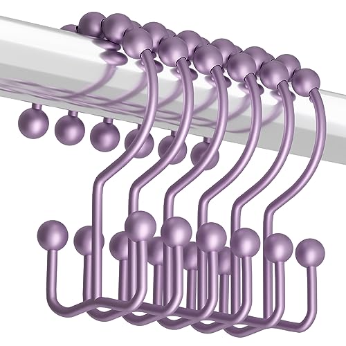 Titanker Shower Curtain Hooks Rings, Rust-Resistant Metal Double Glide Shower Hooks for Bathroom Shower Rods Curtains, Set of 12 Hooks - Greyish-Purple - color: Greyish-purple, style: Modern