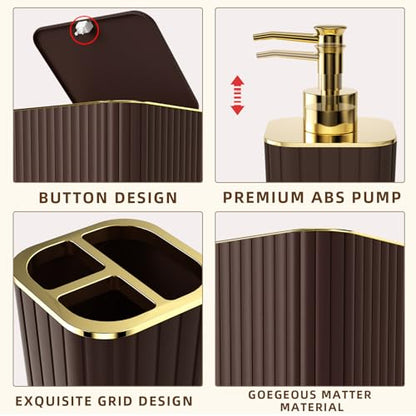 XLHOMO Bathroom Accessories Set - Gorgeous Bathroom Set, 10PC Brown Bathroom Accessories, Bathroom Accessory Set, Toilet Brush, Trash Can, Qtip Holder Dispenser & Soap Dispenser - size: Bath Set, style: Brown&Gold