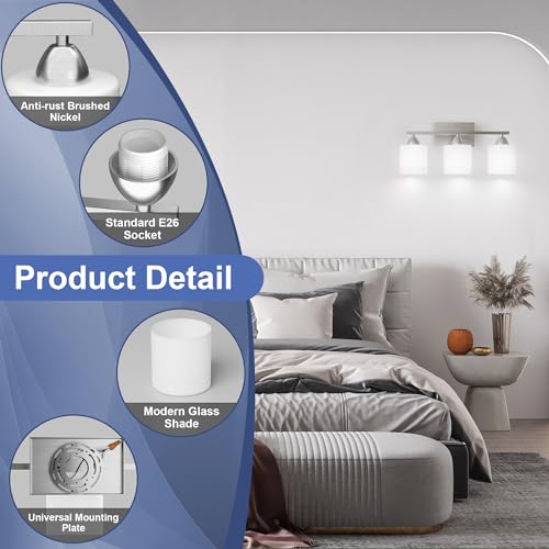Bathroom Lighting Fixtures Over Mirror Brushed Nickel, Anti-Rust 3-Light Bathroom Vanity Lights, Modern 18Inches Wall Sconces E26 Base, Milky White Glass Shades, Bulbs Not Included - color: Brushed Nickel-3Light