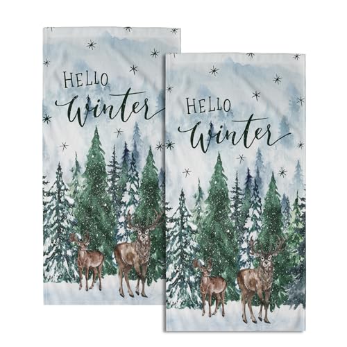 Winter Forest Deer Hand Towels Hello Winter Hand Towels for Bathroom Winter Pine Tree Fingertip Towels Set of 2 Christmas Trees Face Towels Soft Hand Bath Towel Decorations for Home Spa Gym 14”x28” - color: Winter Forest Deer