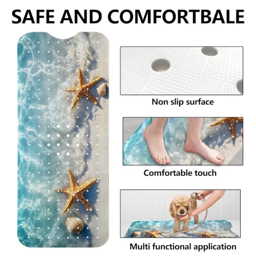 LNOND Summer Beach Bathtub Mat Non Slip, 40 X 16 Inch Tub Mat for Bathroom, Ocean Starfish Bath Tub Shower Mat with Drain Holes and Suction Cups - color: Ocean Starfish Bathtub Mat