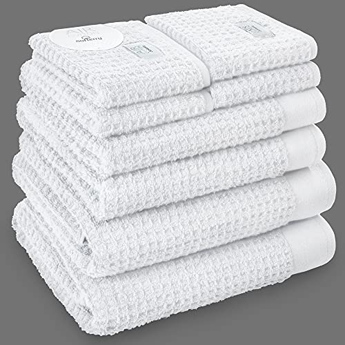 Softerry Waffle Bath Towel Set - 100% Soft Cotton - Plush and Extra Absorbent - Luxury Hotel & Spa Quality - Fade Resistant - Eco-Friendly (White, Set of 8 Towels) - color: White, size: Set of 8 Towels