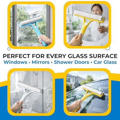 3-in-1 Window Squeegee with Spray Bottle, Handheld Glass Cleaning Tool with Microfiber Scrubber and Silicone Blade, Refillable Window Cleaner for Mirrors, Shower Doors, Tiles & Car Windows (Blue) - color: Blue
