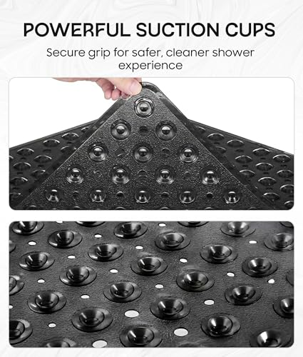 Square Shower Mat Non Slip, 21x21 Inch Square Bathtub Mat for Inside-Shower with Suction Cups Drain Holes, Anti-Slip Bathroom Floor Shower Stall Mats, Soft Bath for Tub, Machine Washable - Black - color: Black