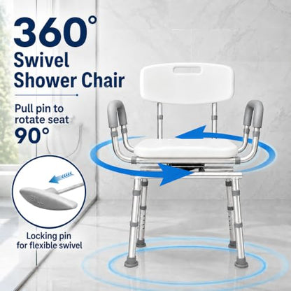 Swivel Shower Chair for Elderly and Disabled, Adjustable Height | 450 lb Shower Chair for inside Shower tub; Heavy Duty Shower Chair with Arms and back